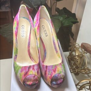 GUESS Vibrant Tie-Dye Peep Toe Heels